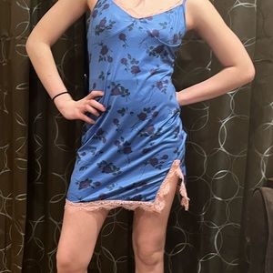 Dark blue floral print dress with pink lace loss fitting and comfortable